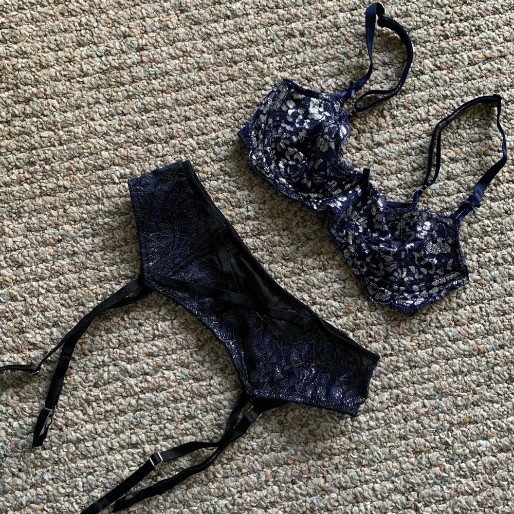 Navy & silver Victoria’s Secret bra and garter set